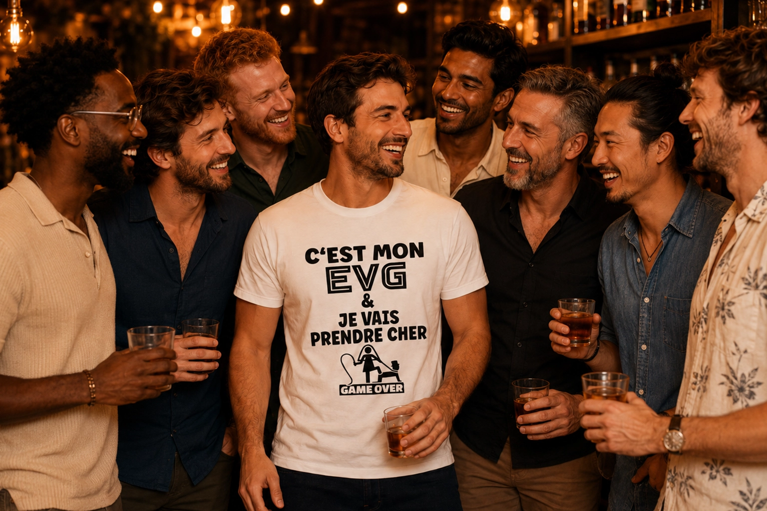 Groupe d’hommes souriants réunis dans un bar pour un EVG festif, avec le futur marié portant un t-shirt EVG