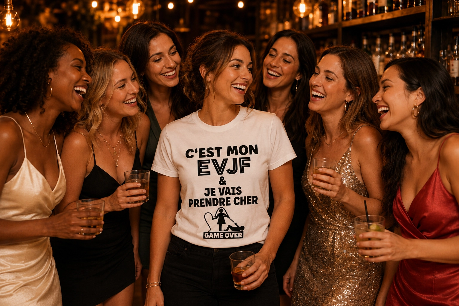 Groupe de femmes célébrant un EVJF dans un bar avec la future mariée au centre