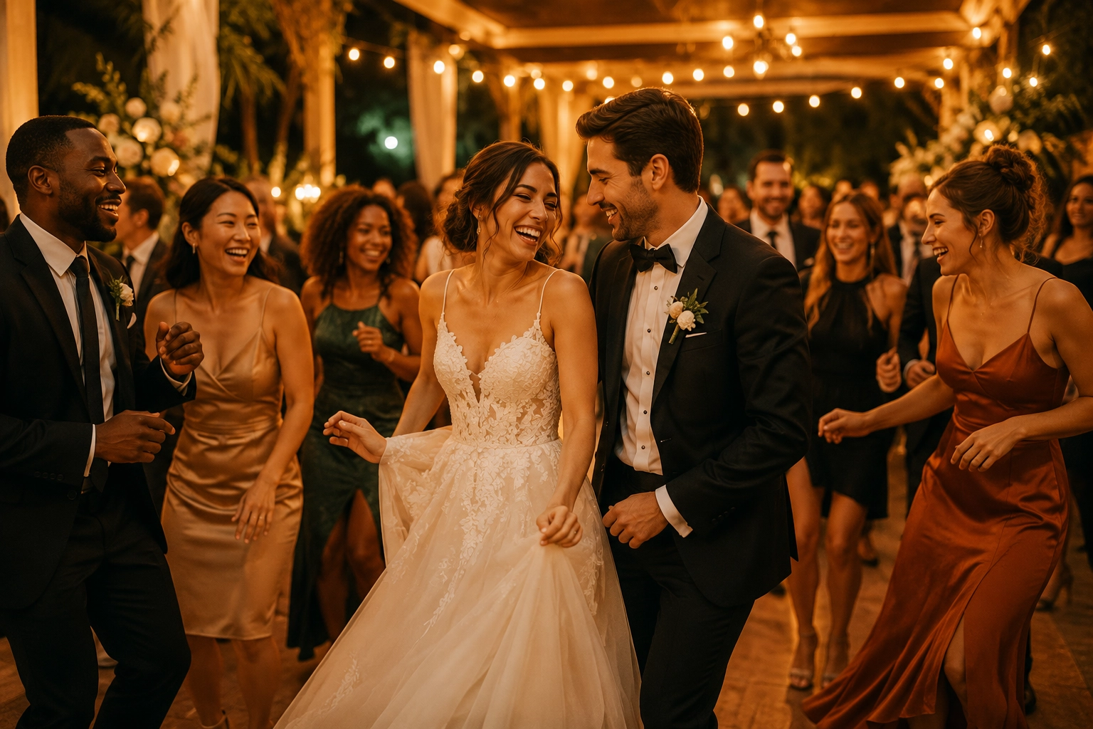 Mariés et invités élégants dansant lors d’une animation de mariage dans une ambiance festive et chaleureuse
