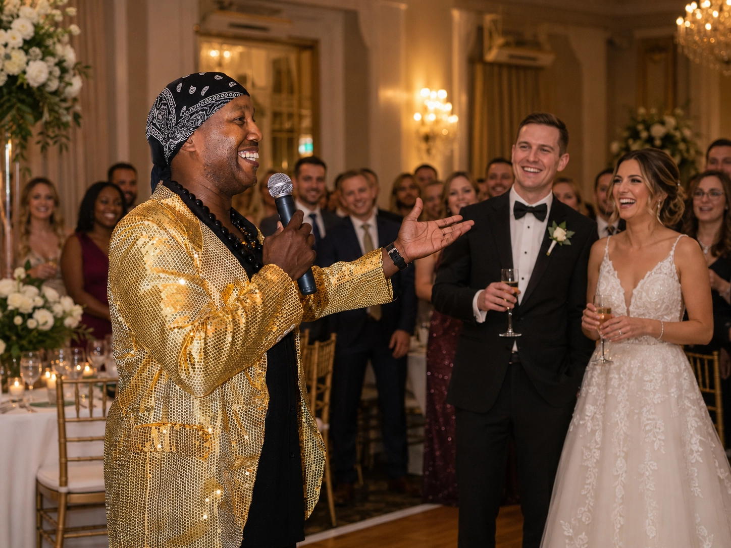 Animateur Coco Coach Animation au micro lors d’un mariage dans une salle élégante, entouré des mariés et des invités
