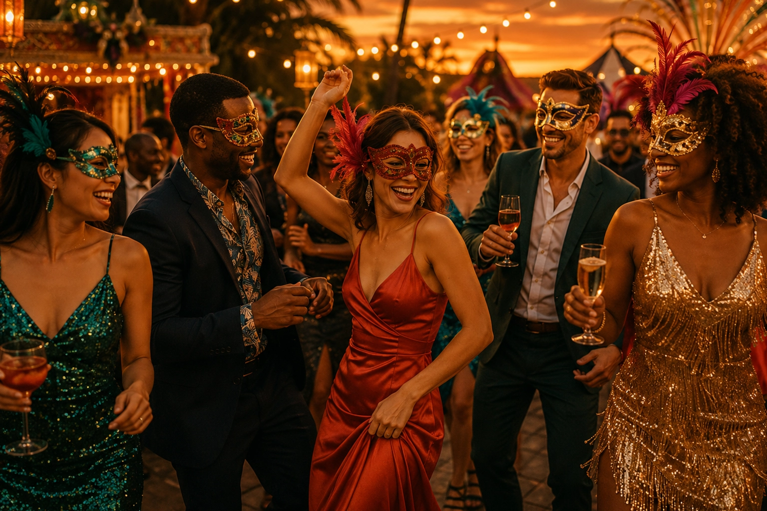 Invités élégants en tenue de carnaval profitant d’une animation thématique festive en extérieur au coucher du soleil