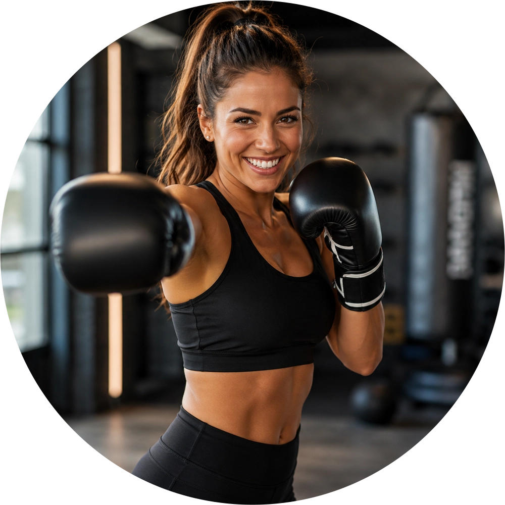 Femme souriante pratiquant la cardio boxe dans une salle de sport moderne, cadrée dans un cercle noir
