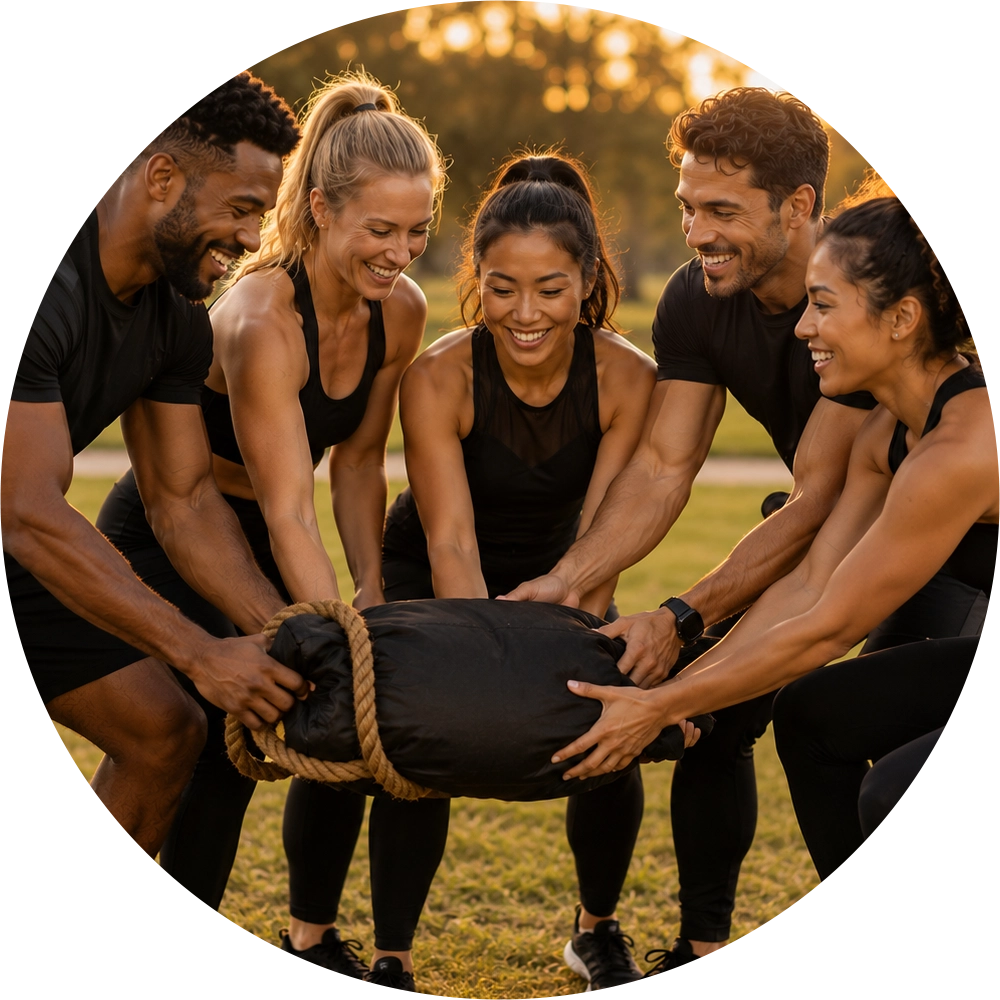 Équipe souriante participant à un jeu de cohésion de groupe en extérieur