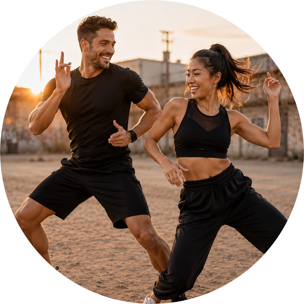 Deux danseurs souriants en séance de danse type Zumba sur un terrain vague au coucher du soleil