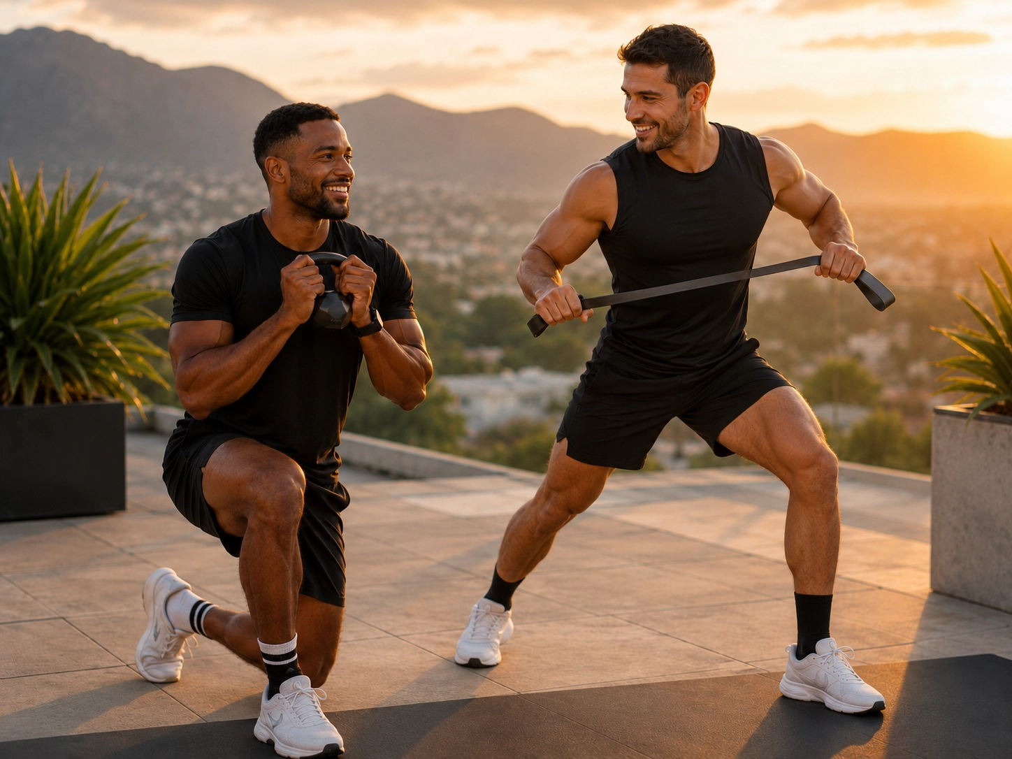 Deux hommes souriants s’entraînant ensemble en extérieur lors d’une séance de gym et renforcement