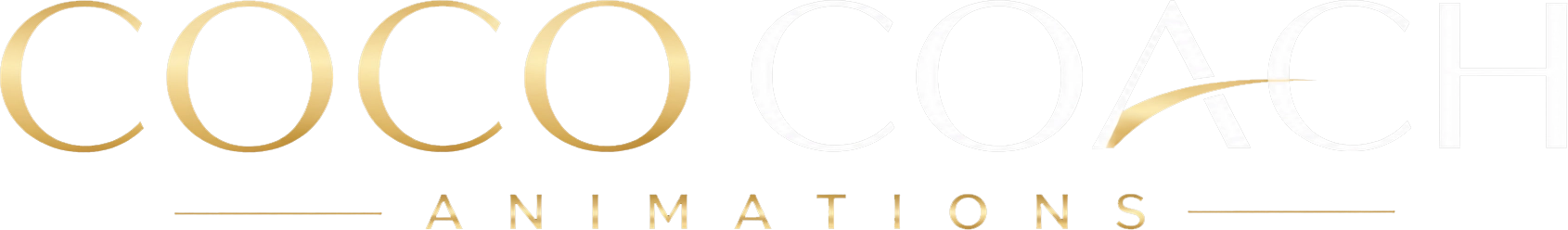 Logo Coco Coach Animations en lettres élégantes dorées et blanches sur fond gris