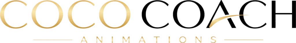 Logo Coco Coach Animations en lettres dorées et noires sur fond gris