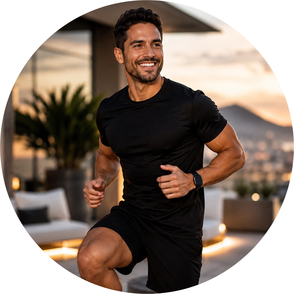 Homme souriant en séance de remise en forme en extérieur au coucher du soleil