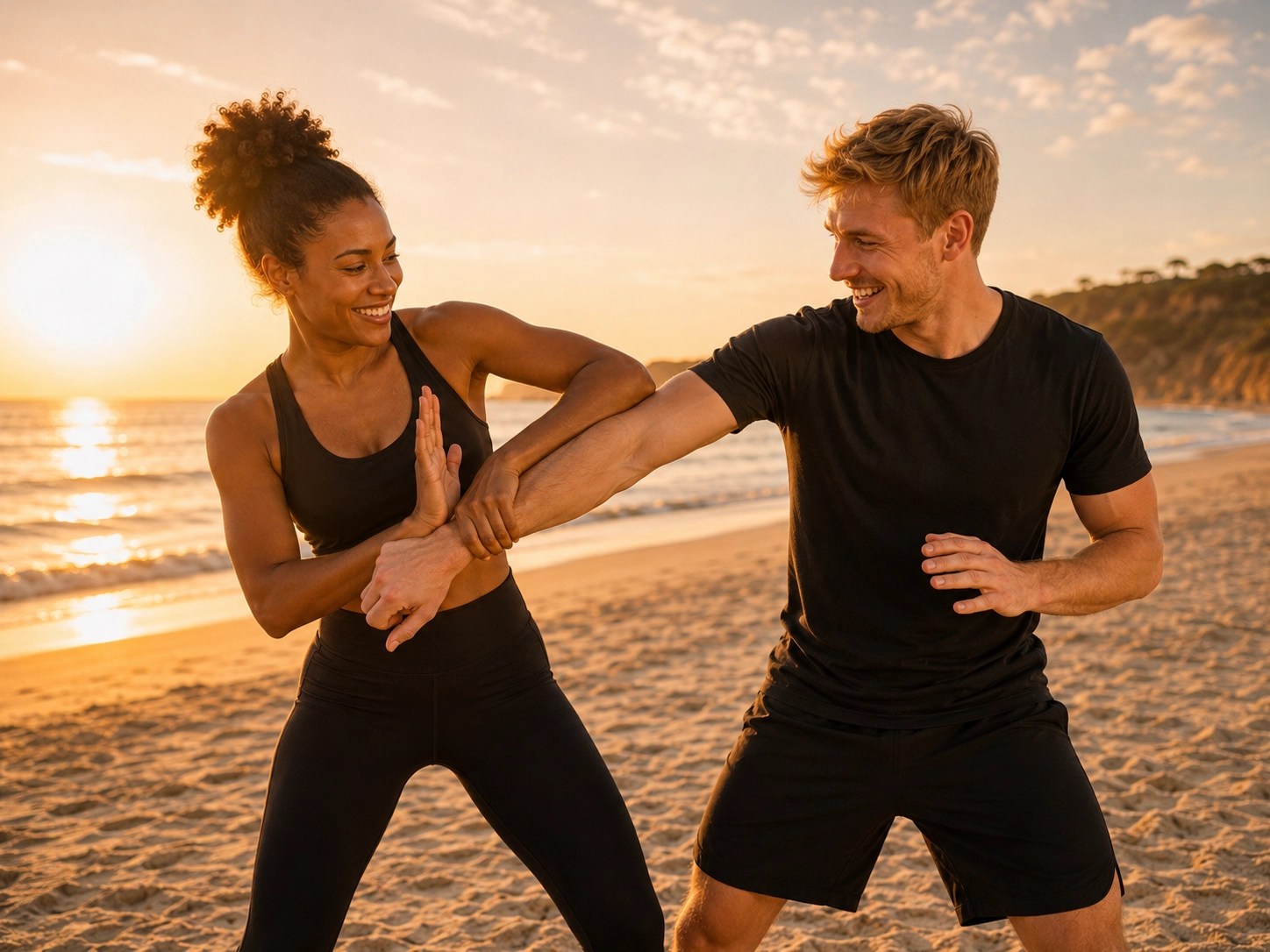 Femme noire souriante pratiquant la self-défense basique avec un homme blond sur la plage au coucher du soleil