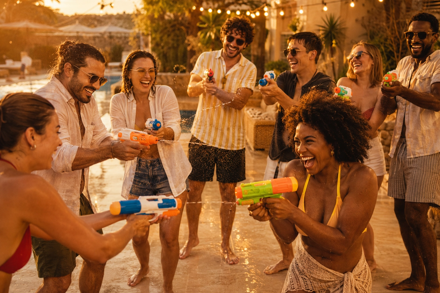 Groupe d’amis souriants jouant avec des pistolets à eau lors d’une soirée entre amis au bord d’une piscine