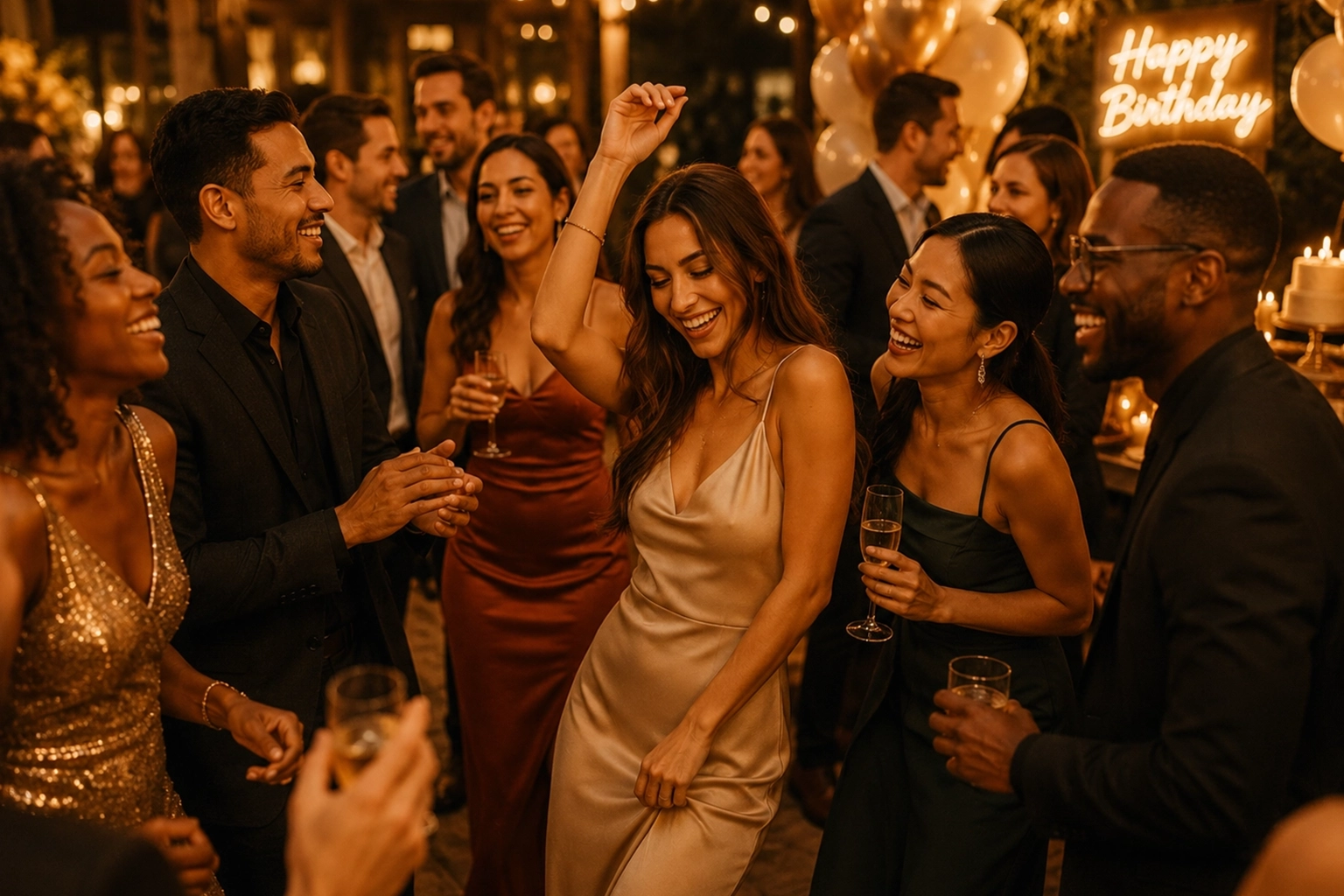 Invités élégants profitant d’une soirée d’anniversaire festive dans une ambiance chaleureuse et conviviale