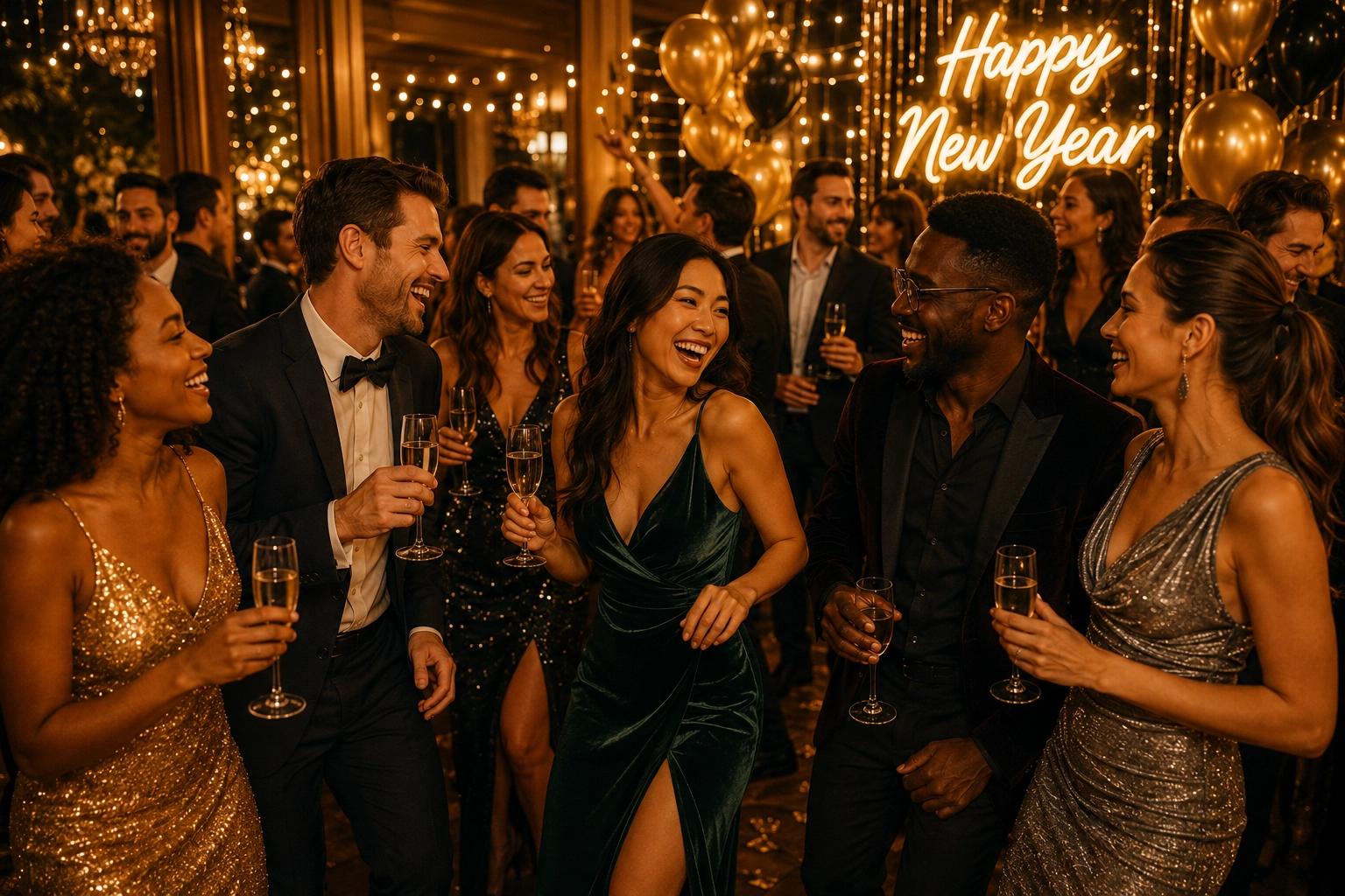 Invités élégants célébrant le Nouvel An avec des coupes de champagne dans une ambiance festive et raffinée