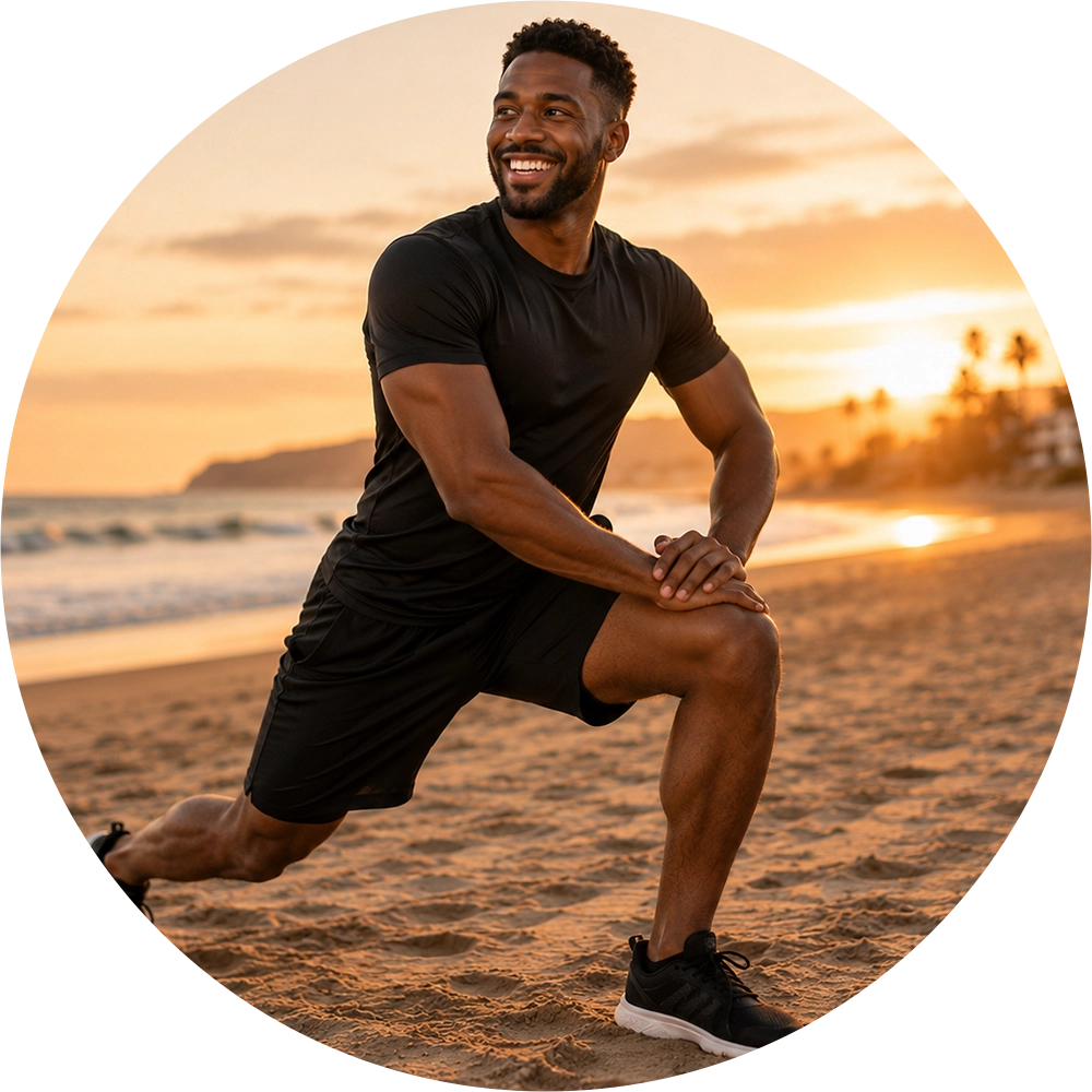 Homme noir souriant en séance de stretching sur la plage au coucher du soleil
