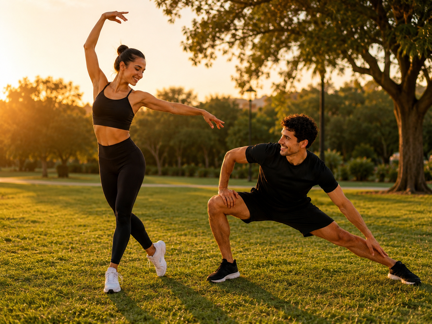 Deux personnes souriantes pratiquant stretching et danse dans un parc au coucher du soleil