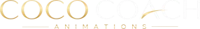 Logo Coco Coach Animations en lettres élégantes dorées et blanches sur fond gris