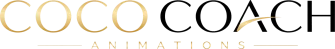Logo Coco Coach Animations en lettres dorées et noires sur fond gris